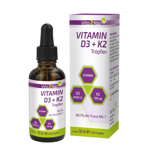 Vita2You Vitamin D3 + K2 Tropfen - 5000 IE D3 - Vitamin K2 100mcg - 340 Portionen - hochdosiert