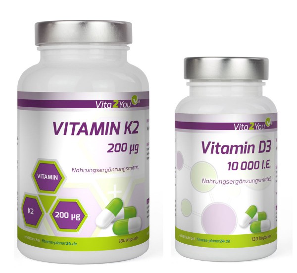 Vita2You Vitamin k2 200μg - 180 Kapseln + Vitamin D3 10.000 IE - 120 Kapseln - Kombi Angebot