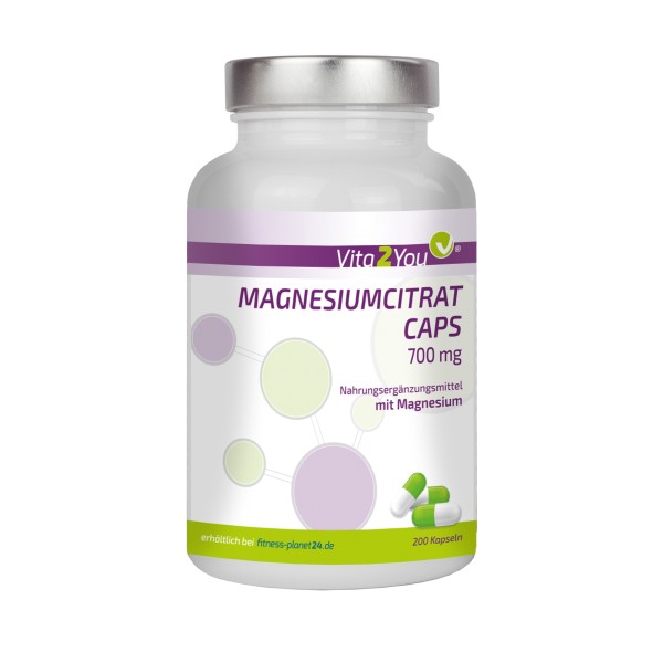 Vita2You Magnesiumcitrat Caps 200 Kapseln - 700mg Magnesiumdicitrat - Premium Qualität
