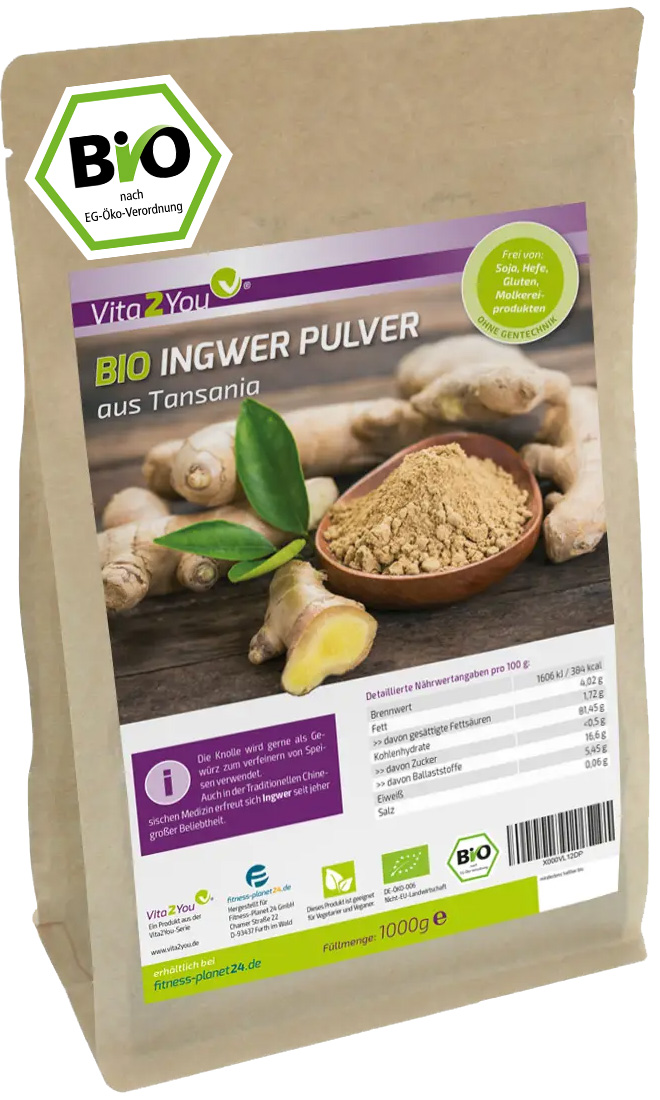Qualität Nahrungsergänzungsmittel Pulver Ingwer 1000g Premium - - Bio Bereiche alle Vita2You | für Fitness-Planet24