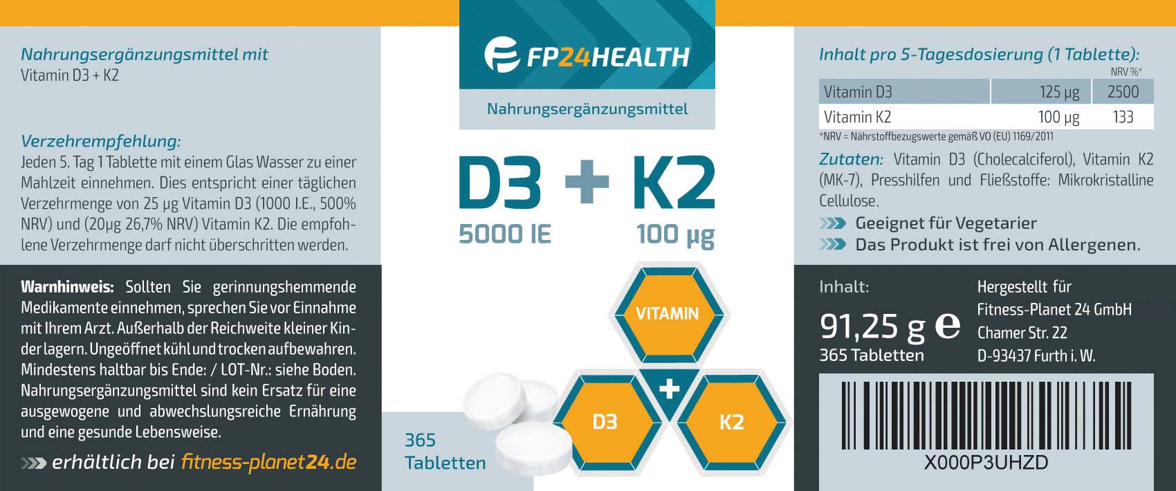 FP24 Health Vitamin K2-200µg Jahrespackung 365 Tabletten Menaquinon MK-7 