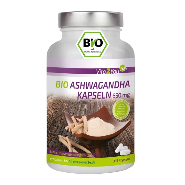 Vita2You Bio Ashwagandha Kapseln 650mg - 365 Kapseln - Hochdosiert - 100% Bio Qualität