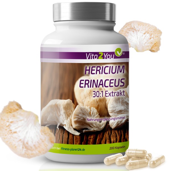 Vita2You Hericium Erinaceus Extrakt - 200 Kapseln - Lions Mane - 30% Polysacharide - 5% Beta Glucane