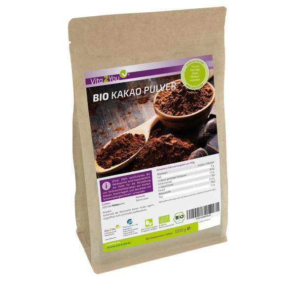 Vita2You Bio Kakao-Pulver 1000g - ganze Kakao Bohnen gemahlen - aus öko Anbau