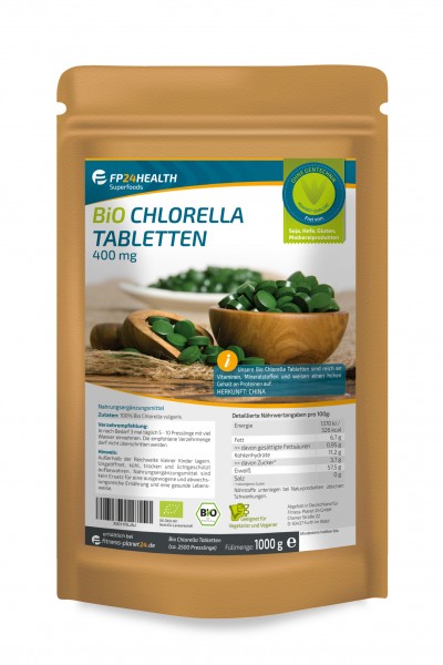 FP24 Health Bio Chlorella Tabletten 400mg - 1kg - Vulgaris Algen - Ökologischer Anbau - 1000g