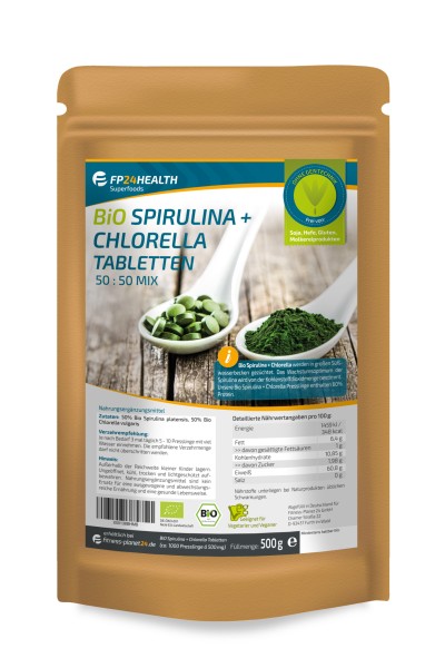FP24 Health Bio Spirulina + Chlorella Tabletten 500mg - 500g - Platensis - vulgaris Algen - Öko