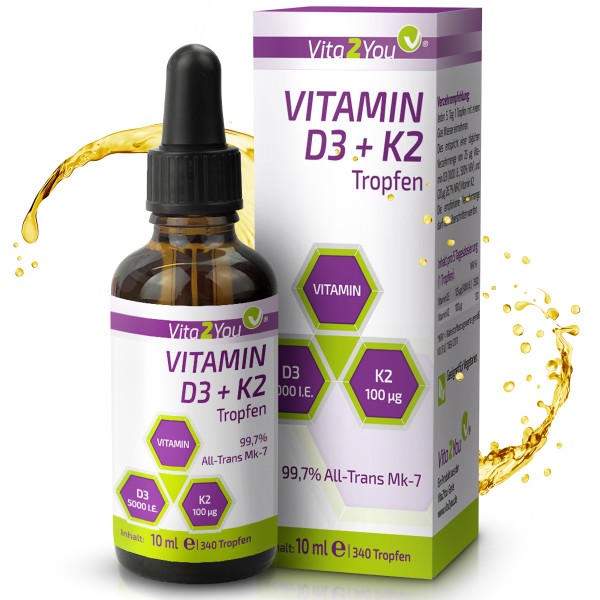 Vita2You Vitamin D3 + K2 Tropfen - 5000 IE D3 - Vitamin K2 100mcg - 340 Portionen - hochdosiert