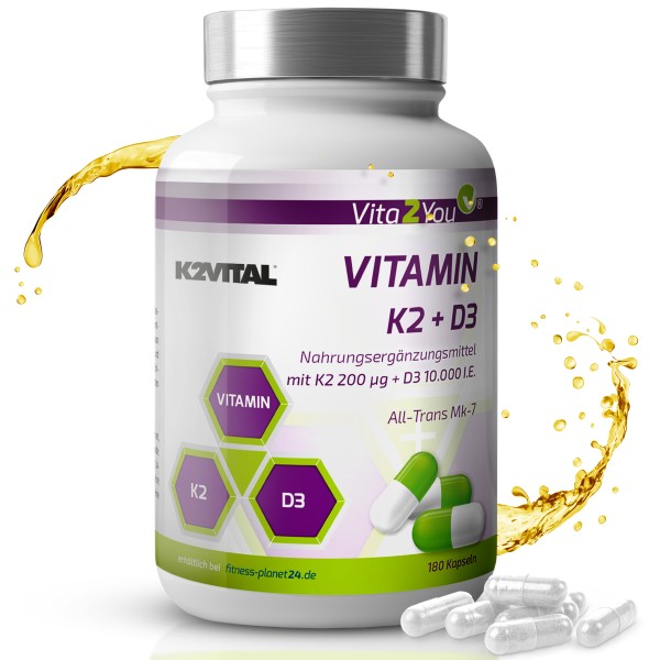 Vita2You Vitamin K2+D3 10.000 IE + K2 200μg K2VITAL - (Mk-7) 180 Kapseln - Premium Qualität