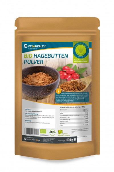 FP24 Health Bio Hagebuttenpulver 1kg - im Zippbeutel - ganze Hagebutten gemahlen - Öko Anbau