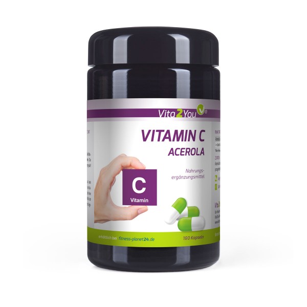 Vita2You Vitamin C Acerola - 180 Kapseln - Natürliches Vitamin C - Hochdosiert - Miron Violettglas