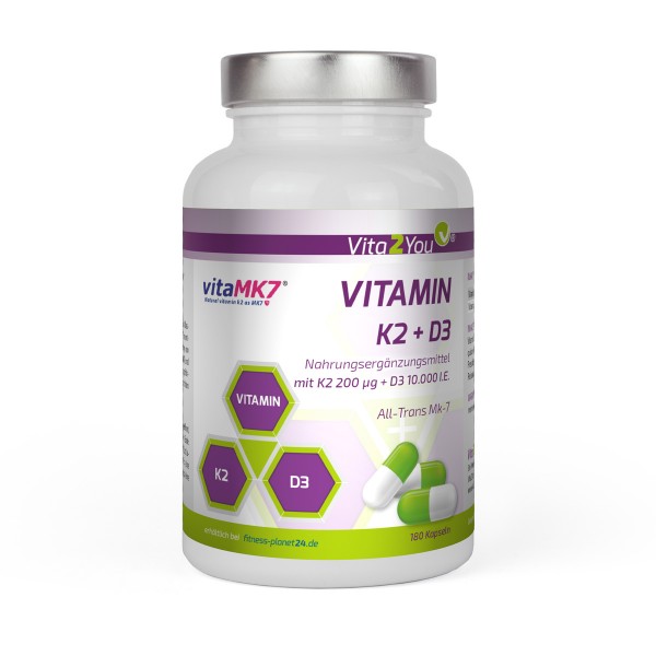 Vita2You Vitamin K2+D3 - 180 Kapseln - Vitamin K2 200μg (Mk-7) + D3 10.000 IE - Premium Qualität