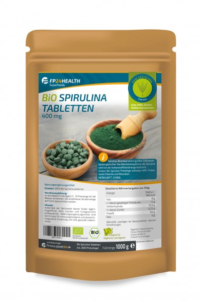 FP24 Health Bio Spirulina Tabletten 400mg - 1kg - Platensis Algen - Ökologischer Anbau - 1000g