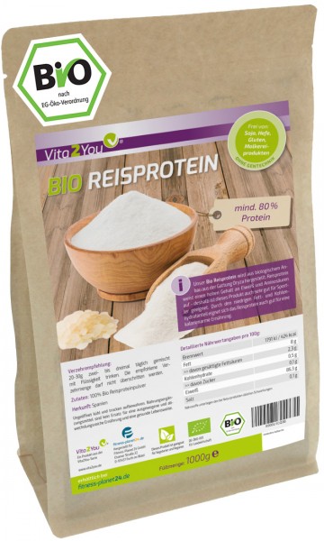 Vita2You Bio Reisprotein 1000g aus Spanien - mind. 80% Protein - Glutenfrei - Eiweiss - EU Anbau