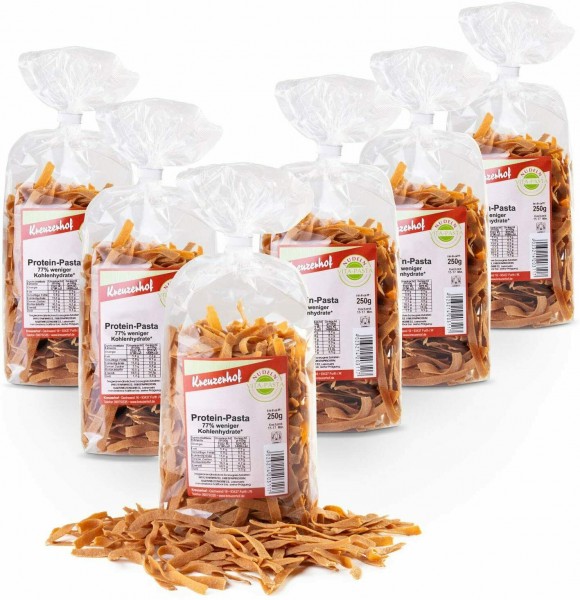 Kreuzerhof Protein Pasta - 61% Eiweiß - 15% Kohlenhydrate vegane Eiweiss Nudeln im 6er Pack (6x250g)